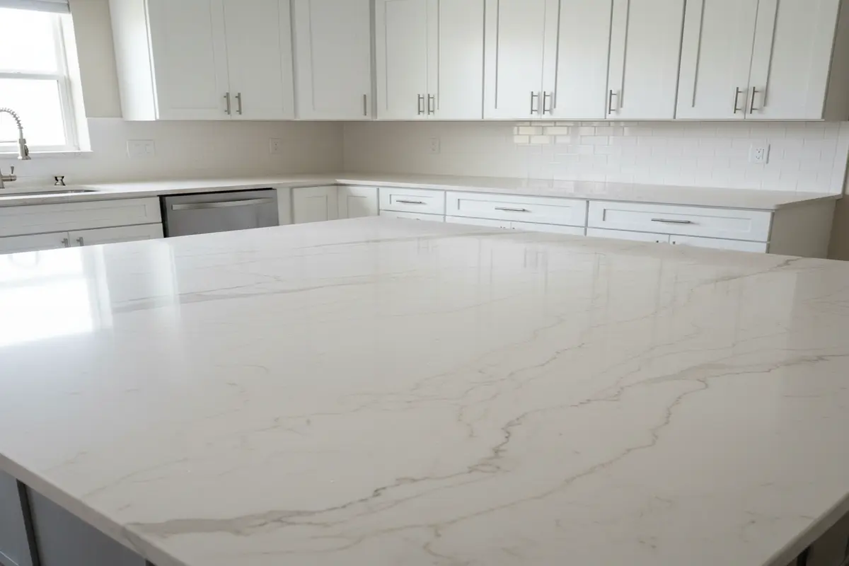Bright Florida kitchen featuring polished Quartzite Perla Venata countertops with elegant grey and beige veining.