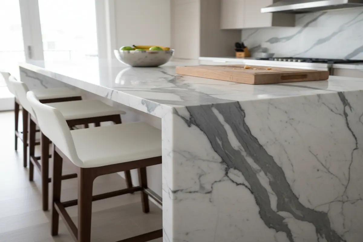 Waterfall marble island with elegant veining.