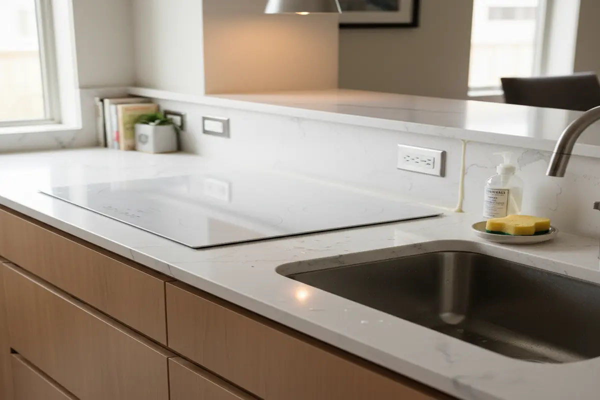 Quartz kitchen countertop with sink