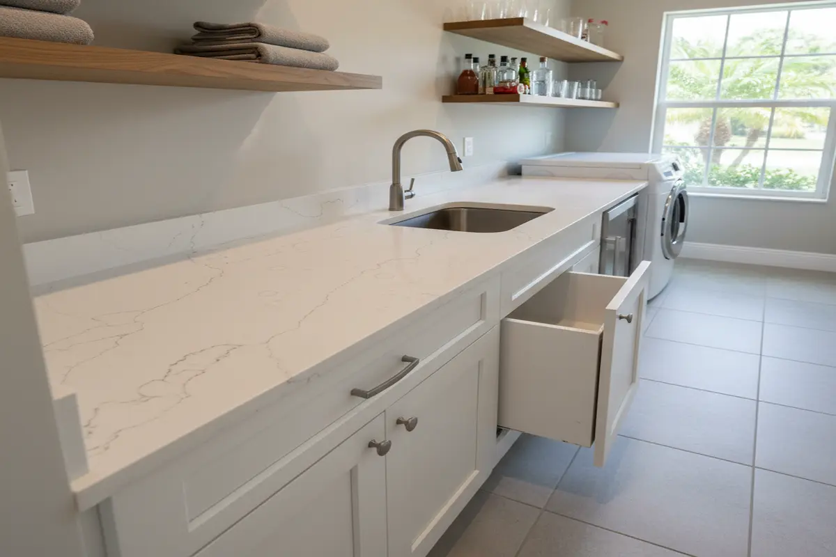 Quartz wet bar with Florida backdrop