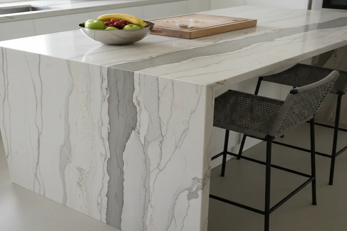 Striking kitchen island featuring Quartzite Perla Venata with a captivating waterfall edge and natural light setting.