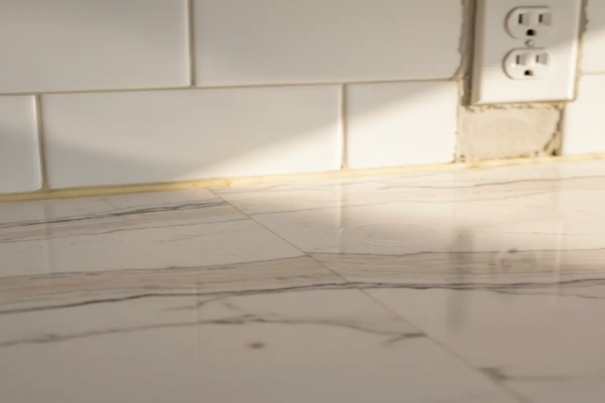 Close-up view of Quartzite Perla Venata corner showcasing its polished finish and stunning vein patterns.