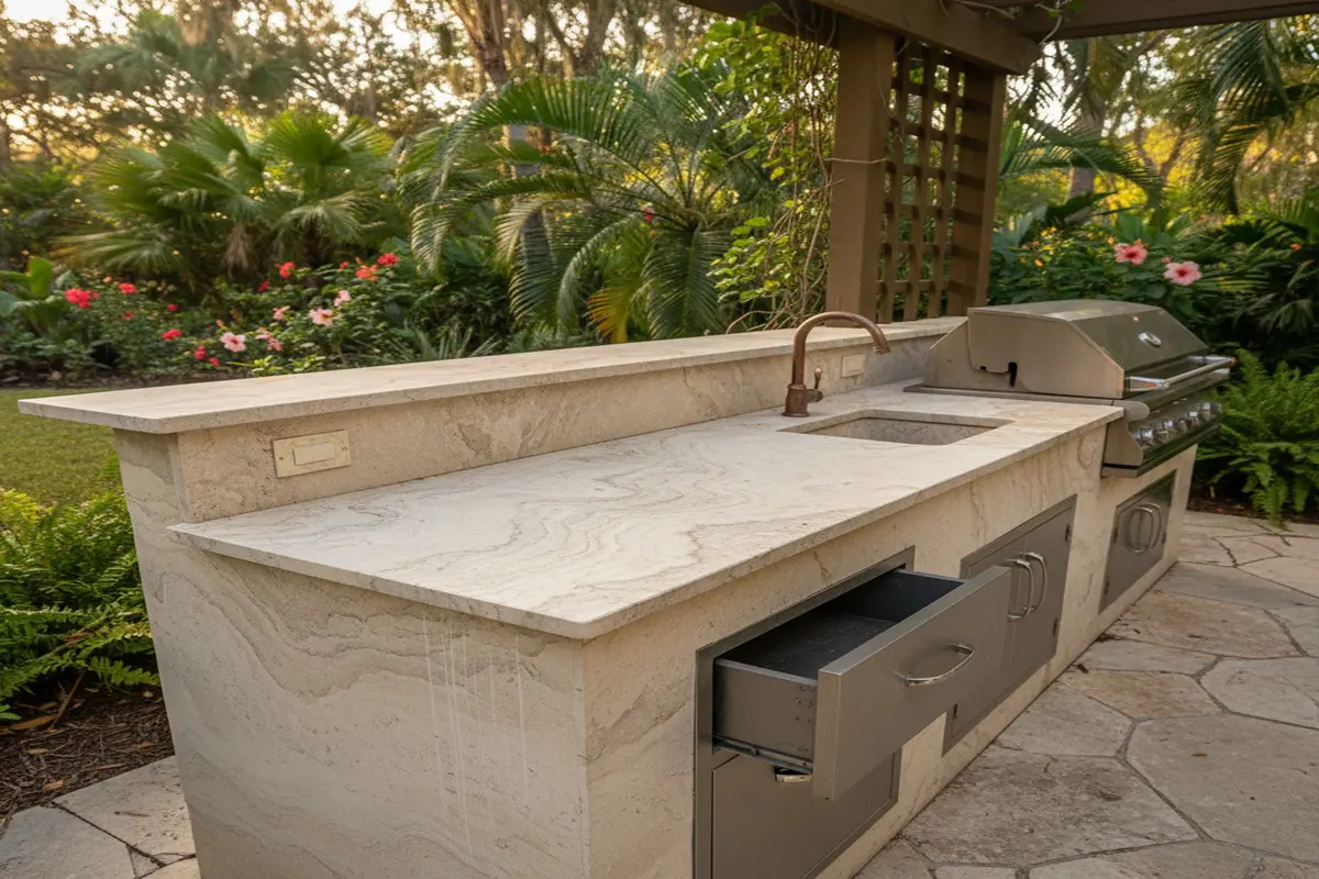 Outdoor BBQ kitchen featuring Quartzite Perla Venata, designed for the Florida climate with natural surroundings.