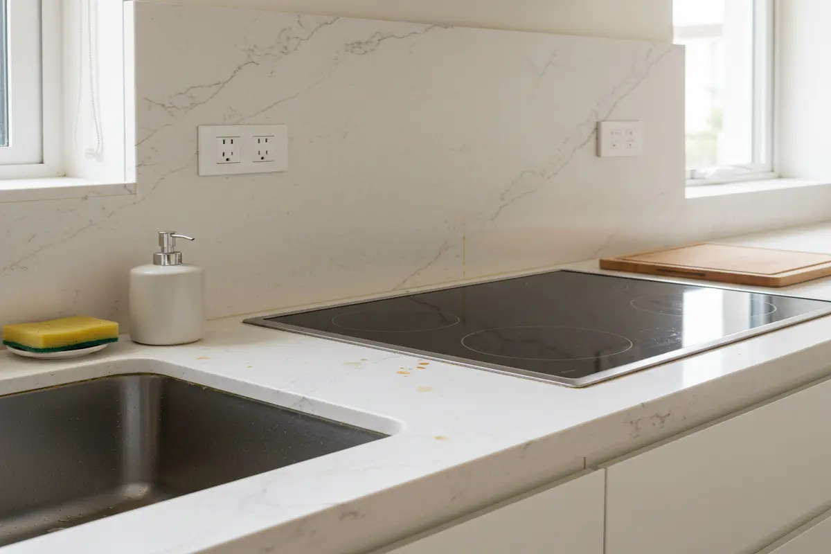 Functional kitchen area featuring Quartzite Perla Venata countertops, showcasing everyday kitchen activities.
