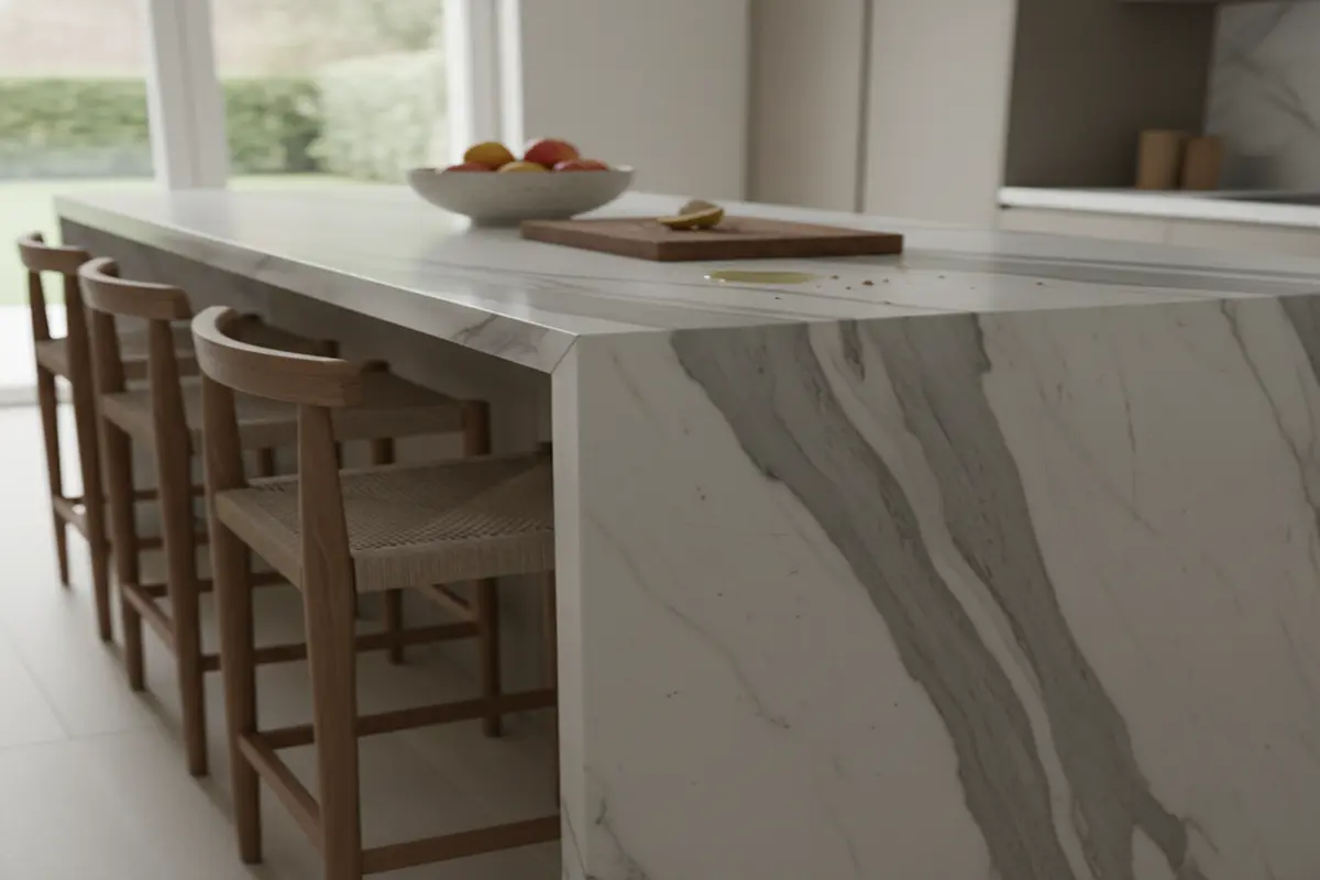 Kitchen island with marble waterfall edge and decor