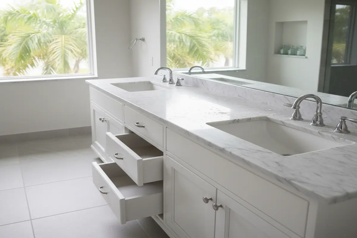Bathroom with Arabescato marble vanity