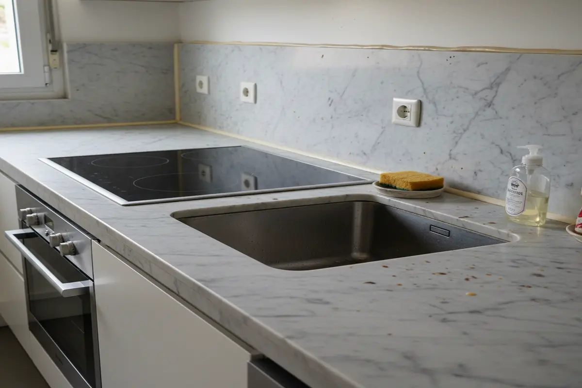 Kitchen area with marble and sink
