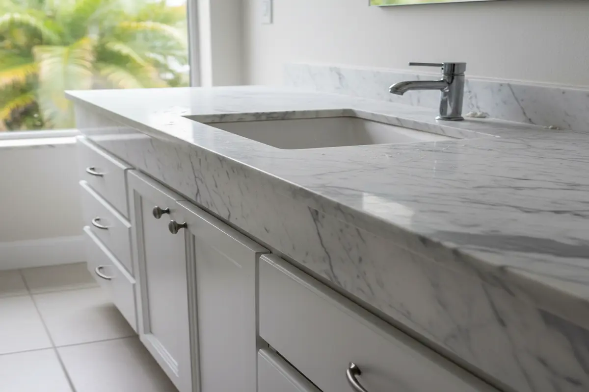 Bathroom with Arabescato marble and soft lighting