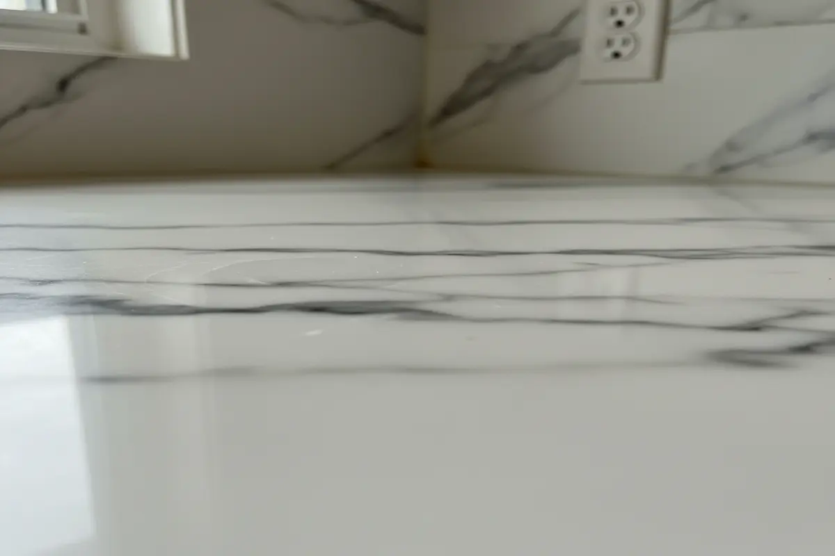 Close-up of marble vein pattern and countertop edge