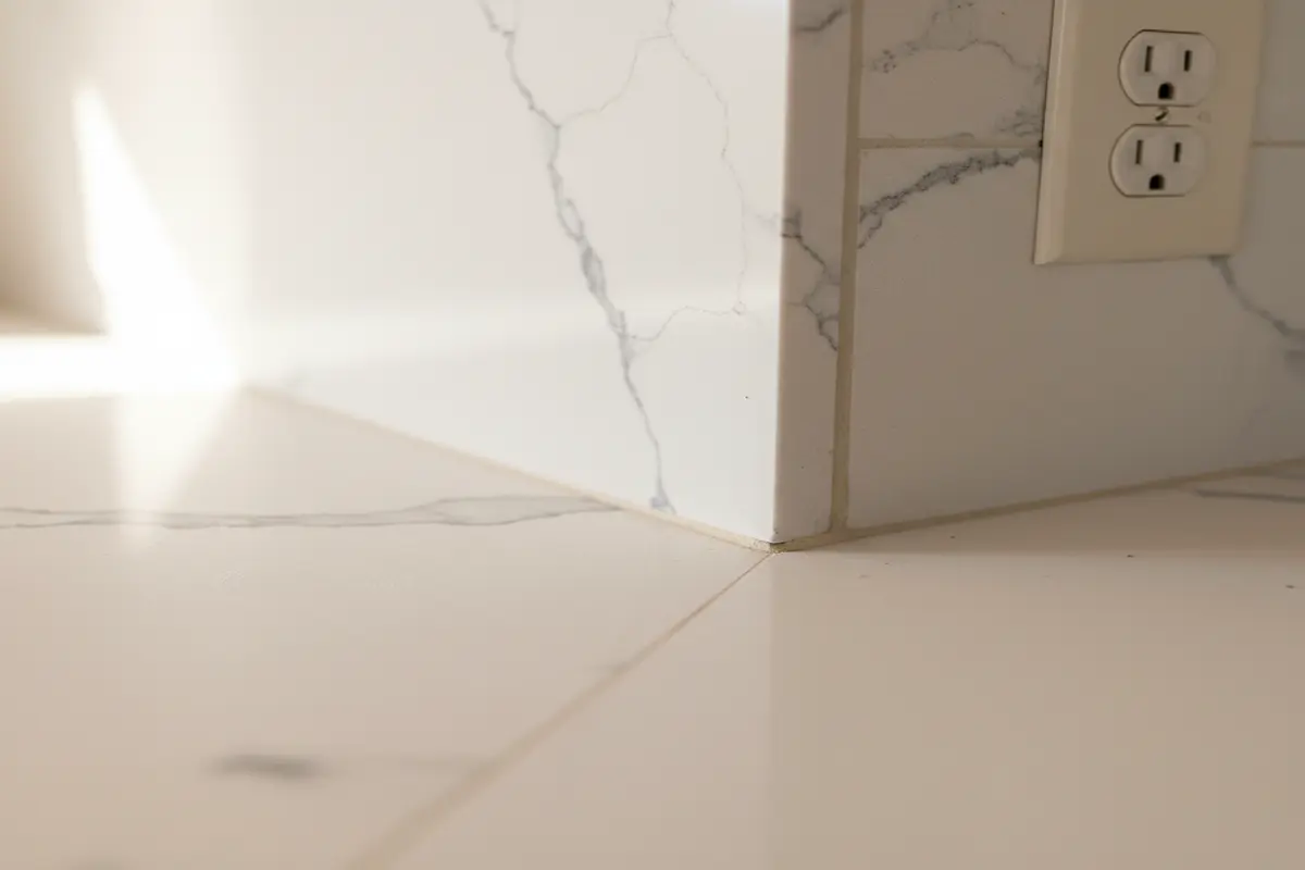 Close-up quartzite countertop with soft veins